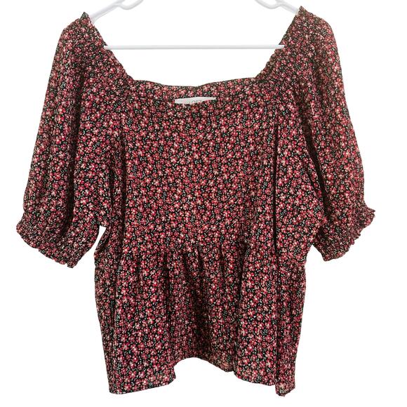 Loft Floral Smocked Cropped Sheer Puff Ruffle Sleeves Peplum Top Size XL - Picture 2 of 9